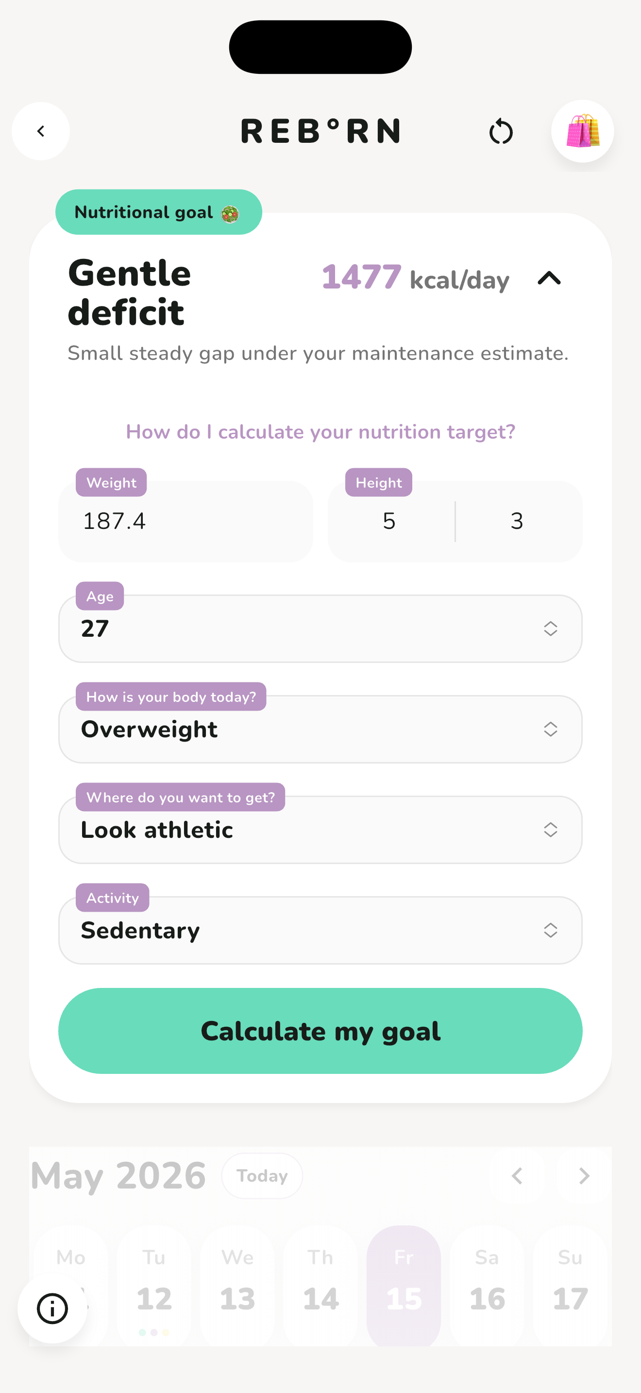 Personal goals and body data for calorie and macro targets